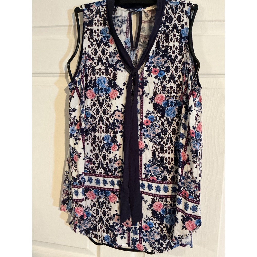Mystree‎ Women Floral Tie Neck Sleeveless Blouse Navy Pink White Size M 17078